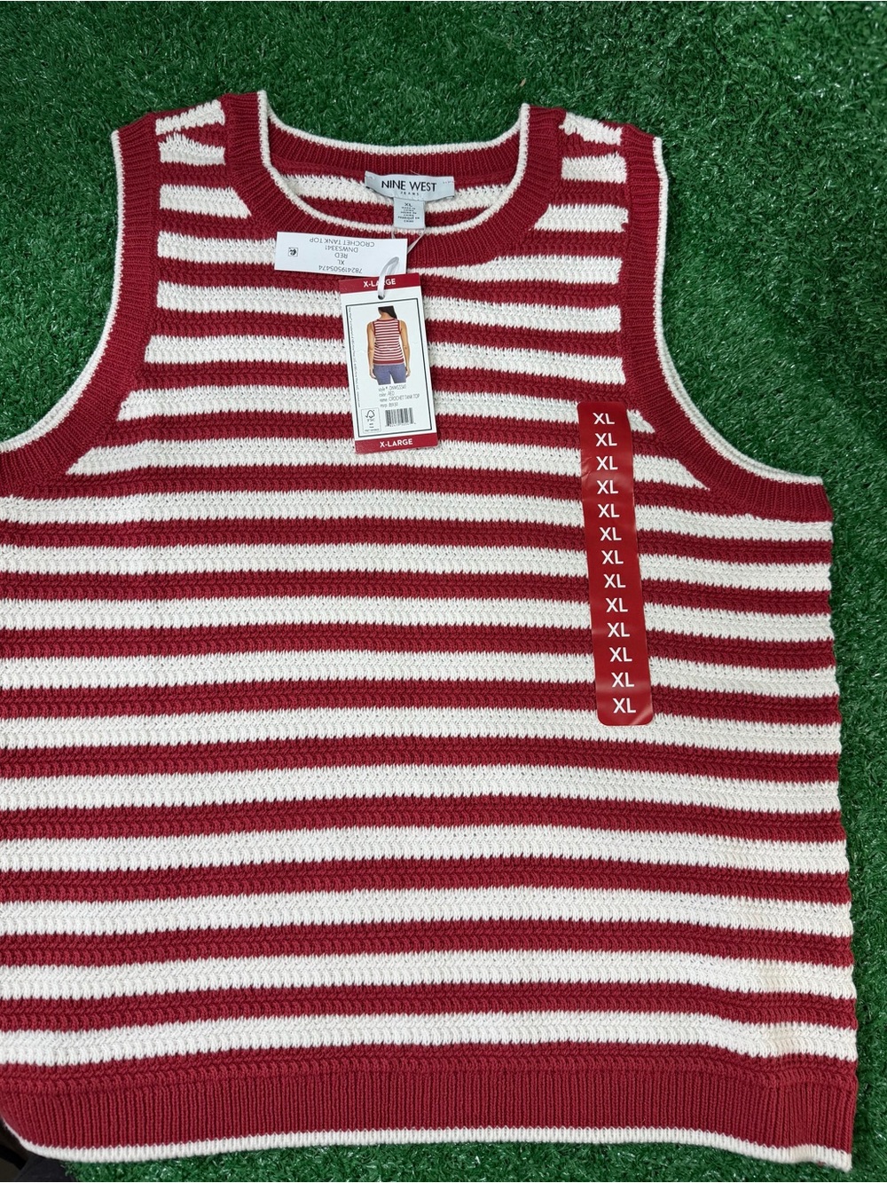 Nine West Red and White Striped Crewneck Sweater Vest